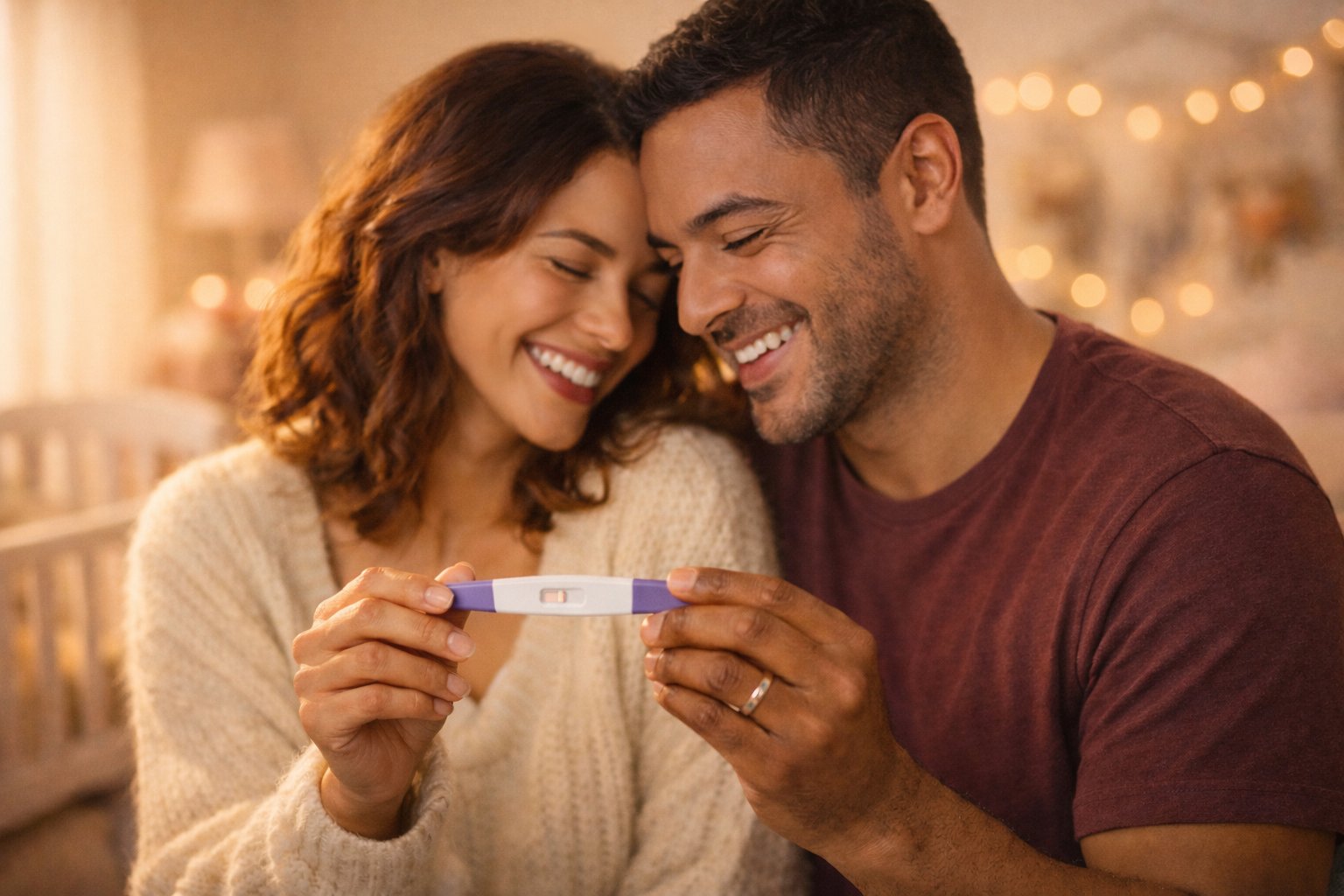 A couple smiling and embracing while holding a positive pregnancy test together