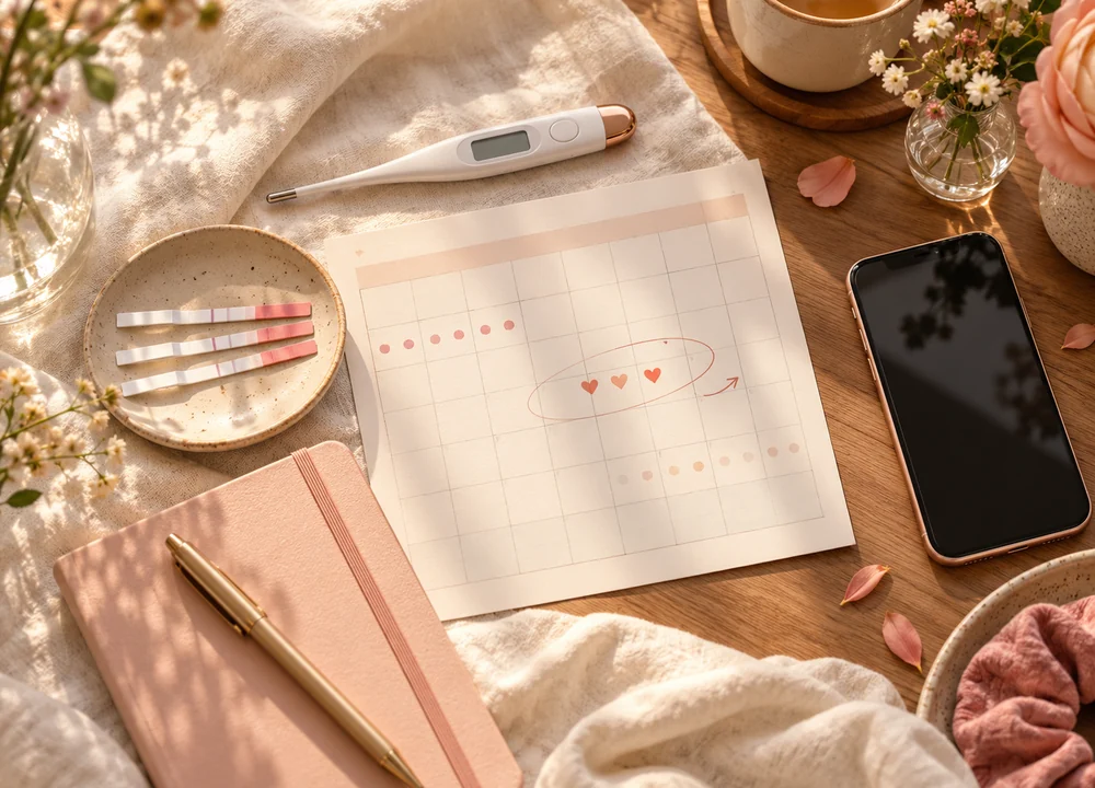 Fertility tracking calendar, basal thermometer, ovulation strips and notebook