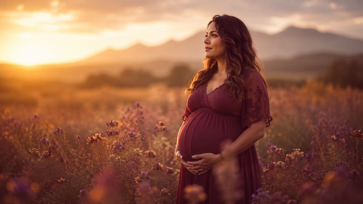 Pregnant woman in golden hour wildflower field